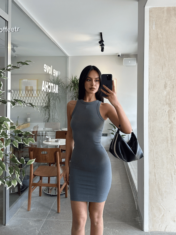 Halter Yaka Fitilli Elbise Füme - Füme