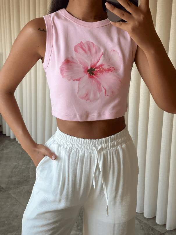 Çiçek Baskılı Crop - Pembe