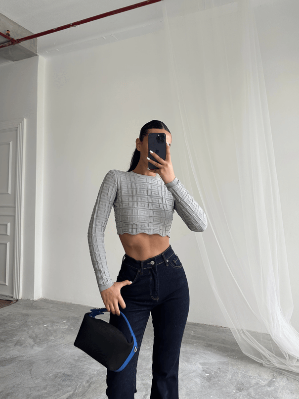 Labirent Desen Crop Triko Kazak Gri - Gri