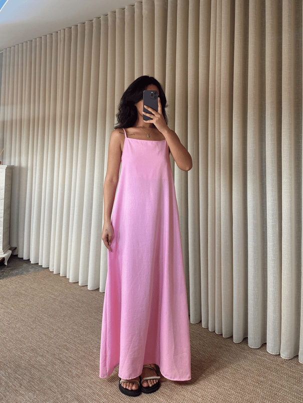 Cepli Keten Elbise - Pembe