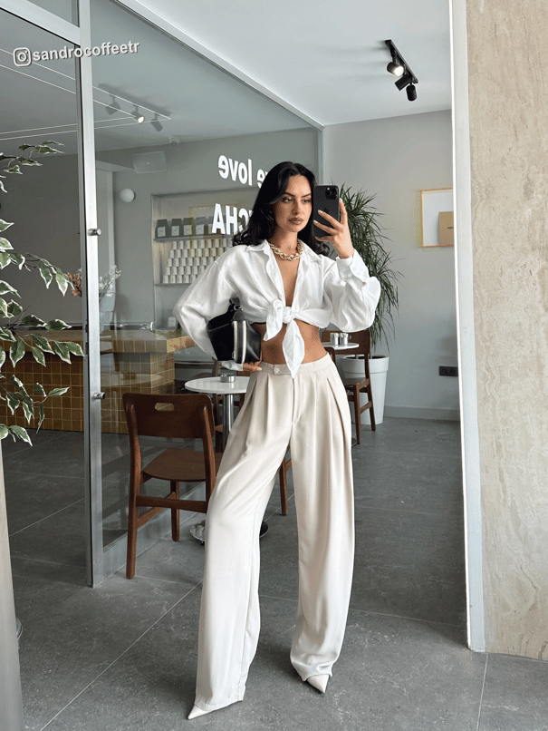 Pileli Geniş Paça Pantolon  - Taş