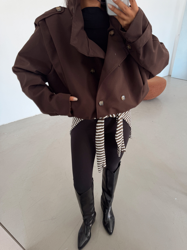 Vatka Detay Oversize Crop Trençkot - Acı Kahve
