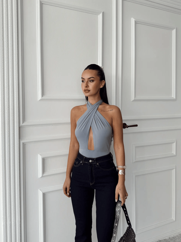 Belinde Boyundan Bağlamalı Bodysuit Gri - Gri