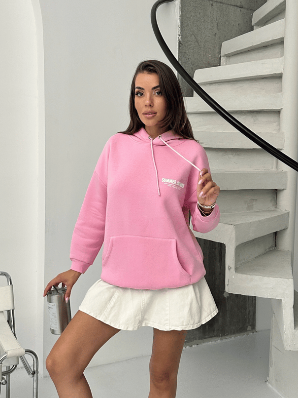 Baskılı Kapüşonlu Oversize Sweat - Pembe