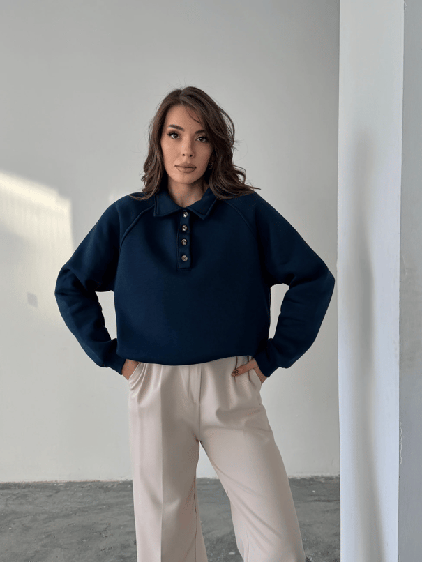 Polo Yaka Düğmeli Sweatshirt - Lacivert