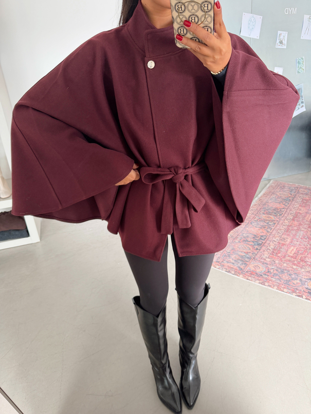 Kaşe Kuşaklı Pelerin Kaban - Bordo
