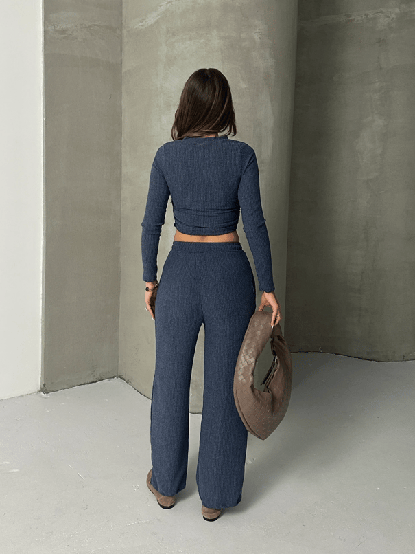 Yan Büzgü Bluz Pantolon Takım  - Lacivert
