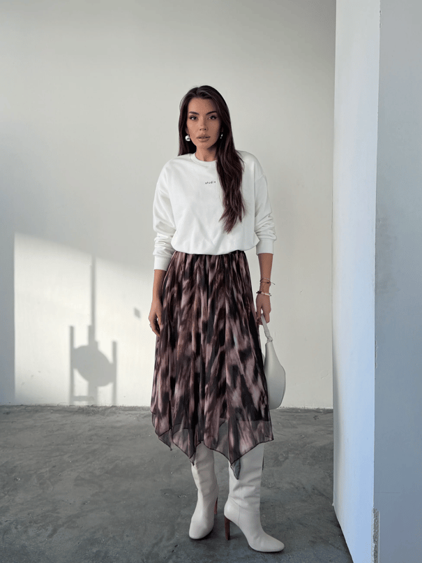 Beli Lastikli Asimetrik Şifon Etek - Ebruli