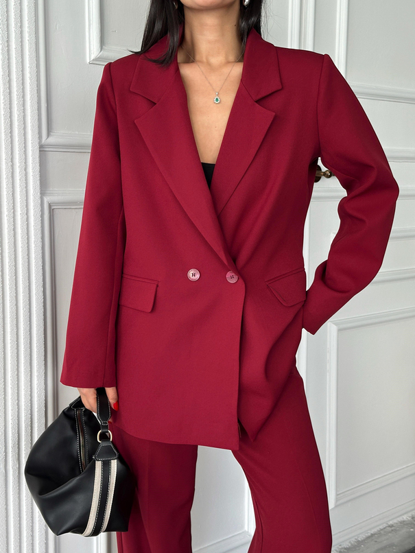 Çift Düğme Oversize Blazer  - Bordo