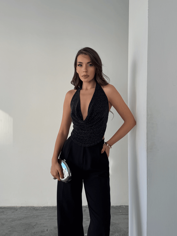 Sırtı Açık Simli Crop Bluz - Siyah