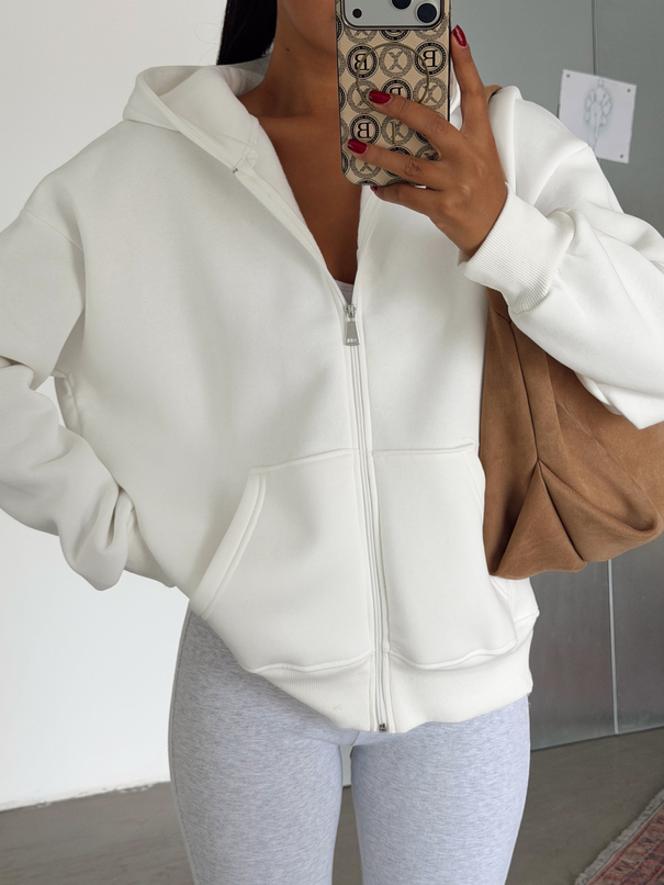 Fermuarlı Cepli Sweat - Beyaz