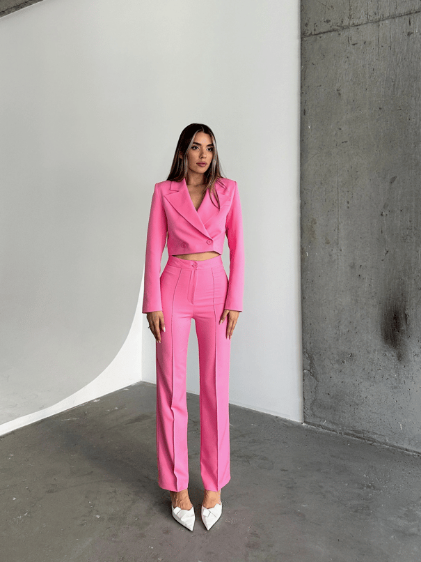 Ön Dikiş Boru Paça Kumaş Pantolon - Pembe