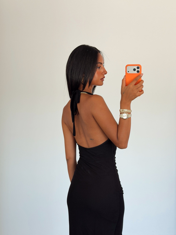 Drape Detaylı Boyundan Bağlamalı Elbise - Siyah