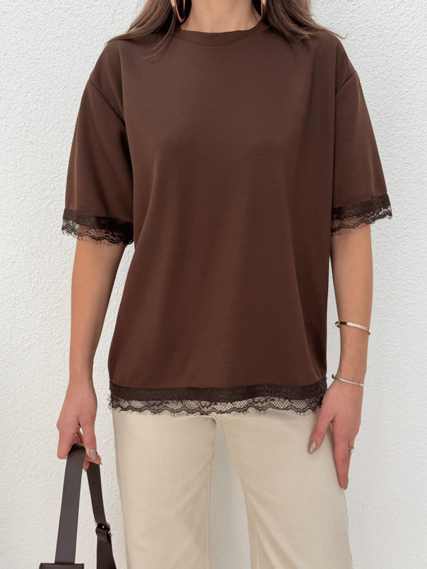 Dantel Detay Basic Tshirt - Kahve