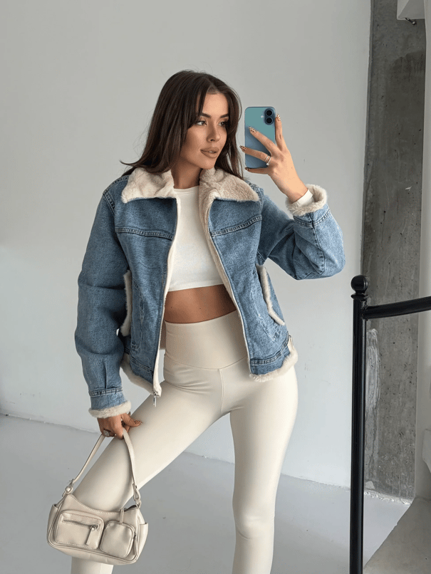 Yakası Peluş Denim Ceket - Mavi