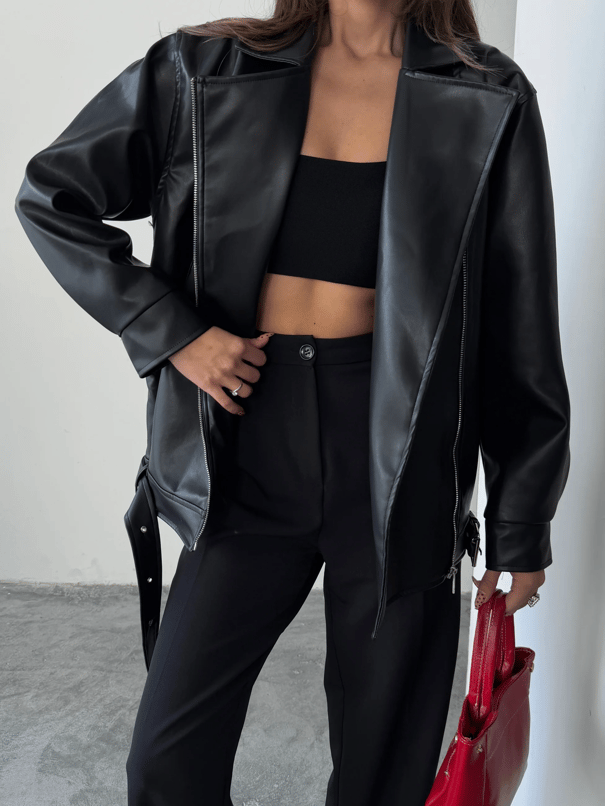 Kemerli Oversize Deri Ceket  - Siyah