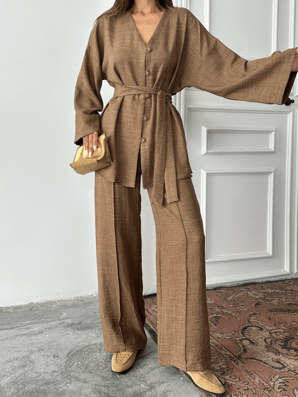 Düğme Detay Kuşaklı Kimono Takım - Kahve