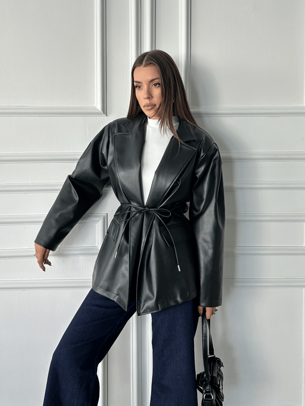 Belden Bağlamalı Deri Ceket - Siyah