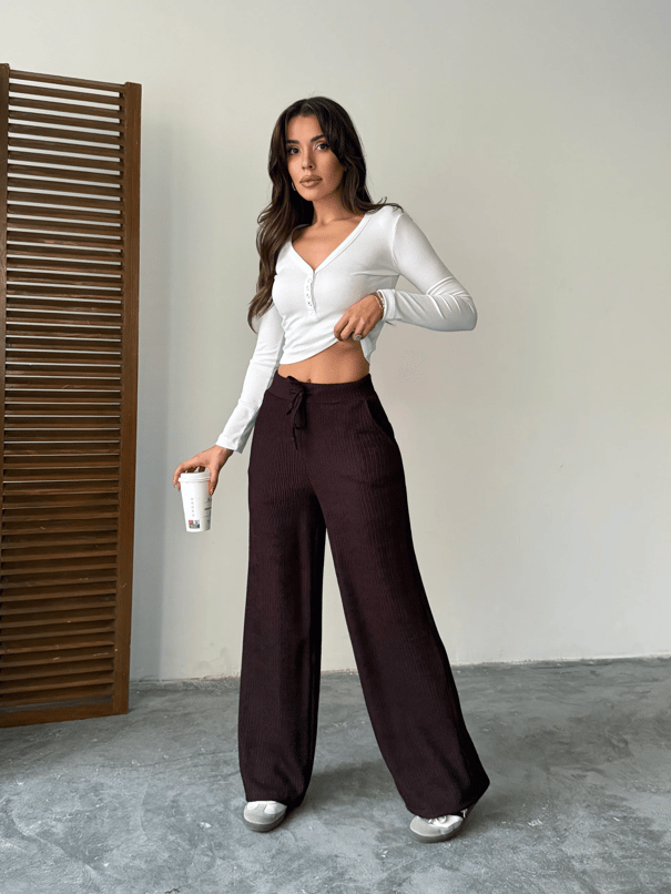 Bel Bağcık Fitilli Pantolon - Kahve