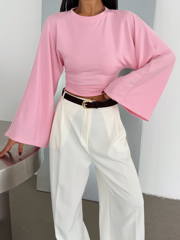 Yarasa Kol Beli Büzgülü Bluz - Pembe