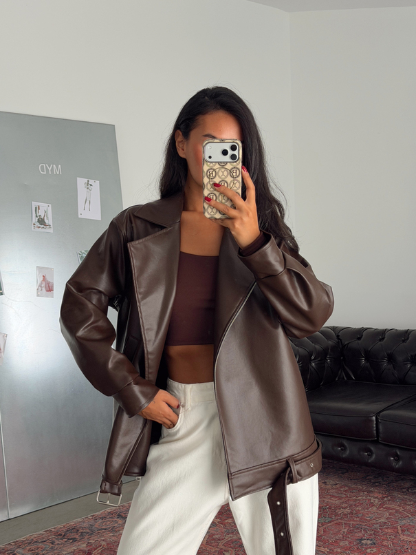 Kemerli Oversize Deri Ceket  - Kahve