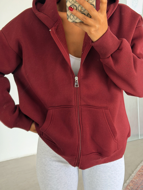 Fermuarlı Cepli Sweat - Bordo