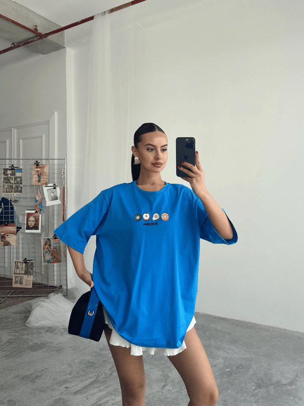 Fruit Nakış Basic T-shirt Mavi - Mavi
