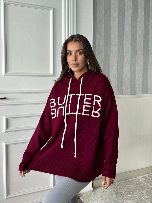 Kapüşonlu Butter Triko Kazak - Bordo