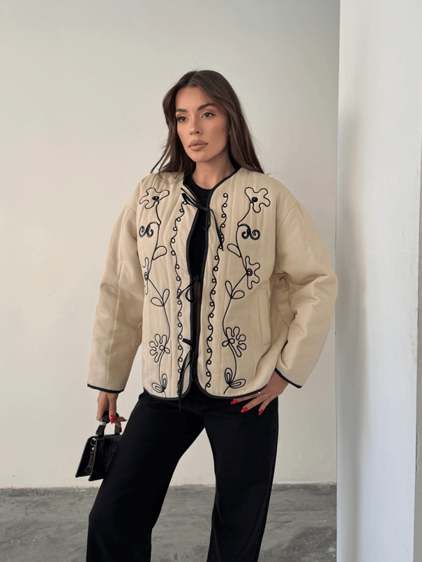 Nakış Detaylı Bağlamalı Etnik Ceket - Ekru