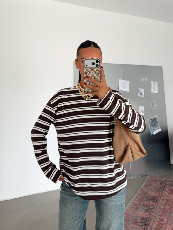 Çizgili Suprem Basic Sweat - Kahve
