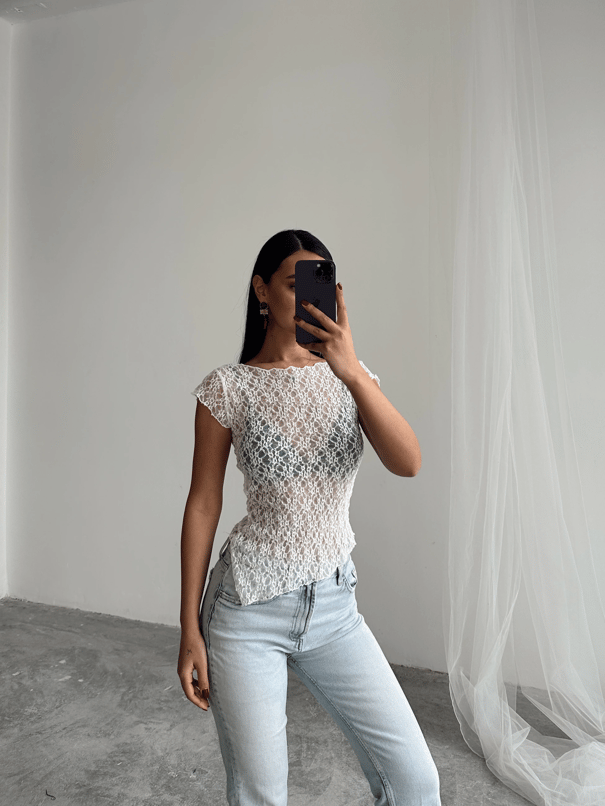 Asimetrik Dantel Bluz - Beyaz