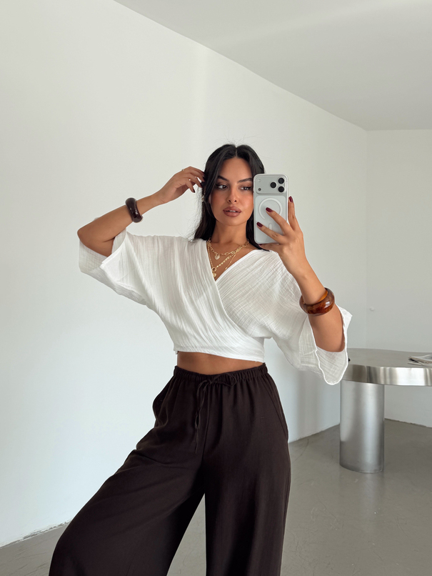 Bağlamalı Müslin Kimono Bluz - Beyaz