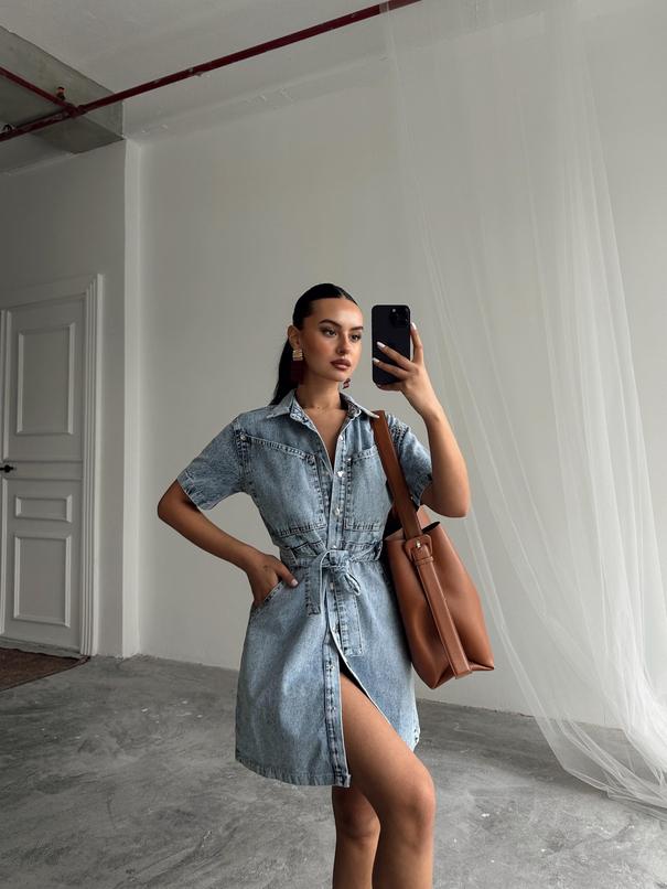 Bağlamalı Mini Kot Elbise - Buz Mavi