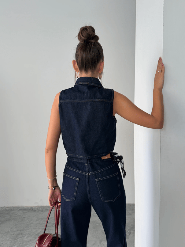 Crop Denim Yelek - Lacivert