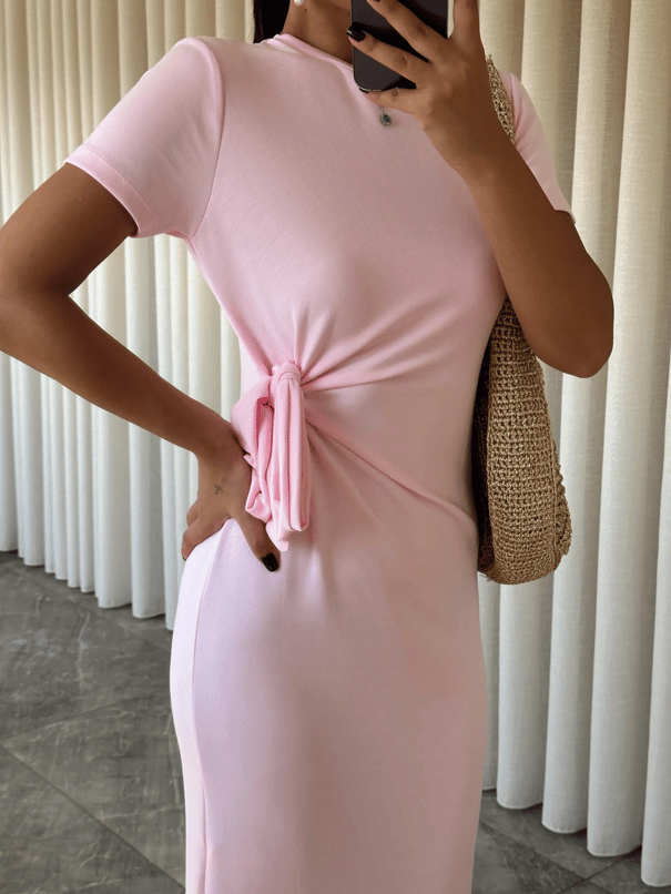 Bağlamalı Modal  Kumaş Elbise - Pembe
