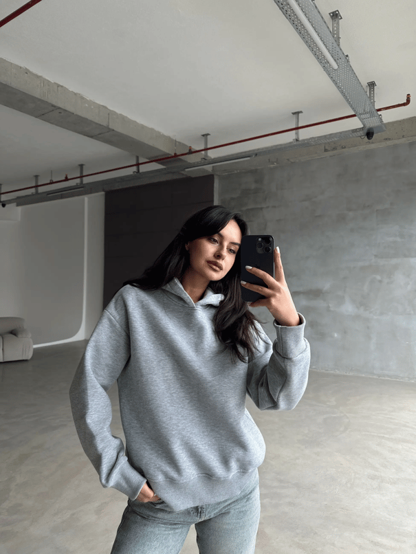 Kapüşonlu Sweatshırt Gri Melanj - Gri