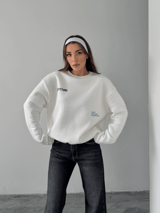Bisiklet Yaka Baskılı Sweat - Beyaz