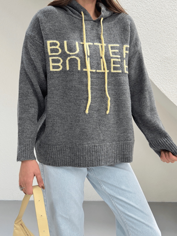 Kapüşonlu Butter Triko Kazak - Füme