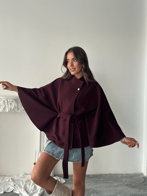 Kaşe Kuşaklı Pelerin Kaban - Bordo