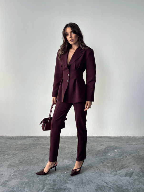 Pile Detay Oturtmalı Blazer Ceket  - Mürdüm