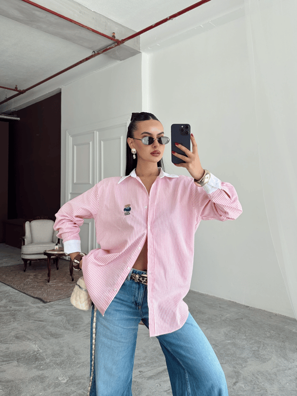 Çizgili Ayıcıklı Gömlek - Pembe