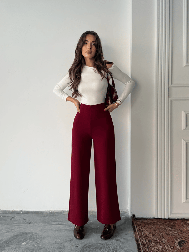 Bel İçten Lastik Kumaş Pantolon  - Bordo