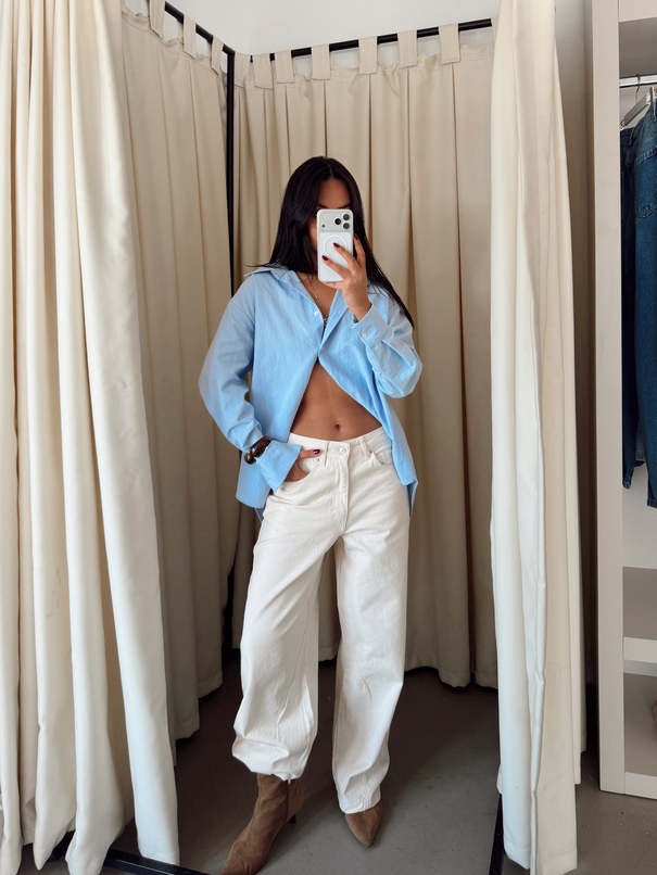 Paça Çift Pensli Boyfriend Jean - Krem