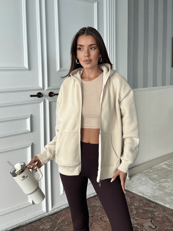 Fermuarlı Cepli Sweat - Taş