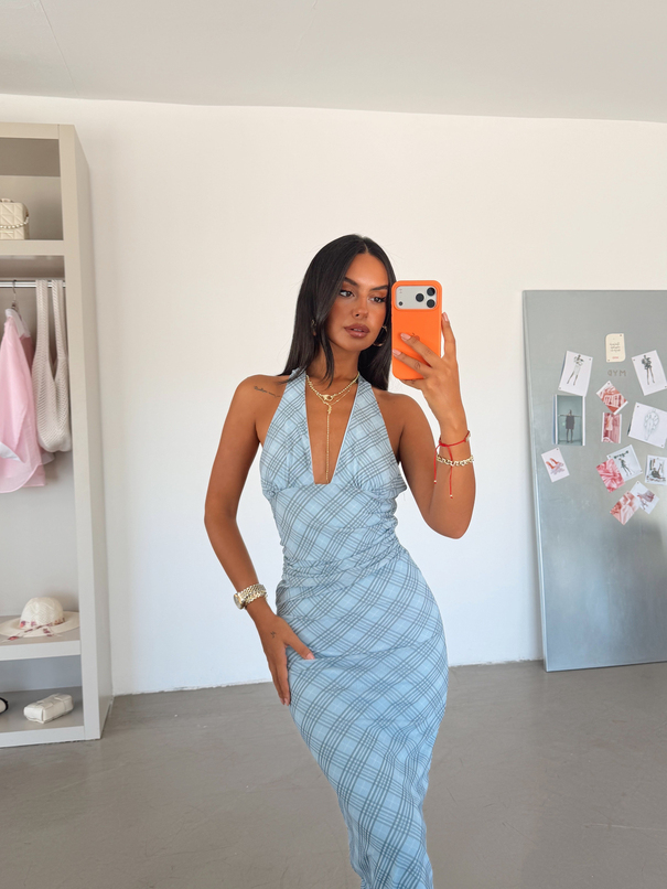 Drape Detaylı Boyundan Bağlamalı Elbise - Mavi