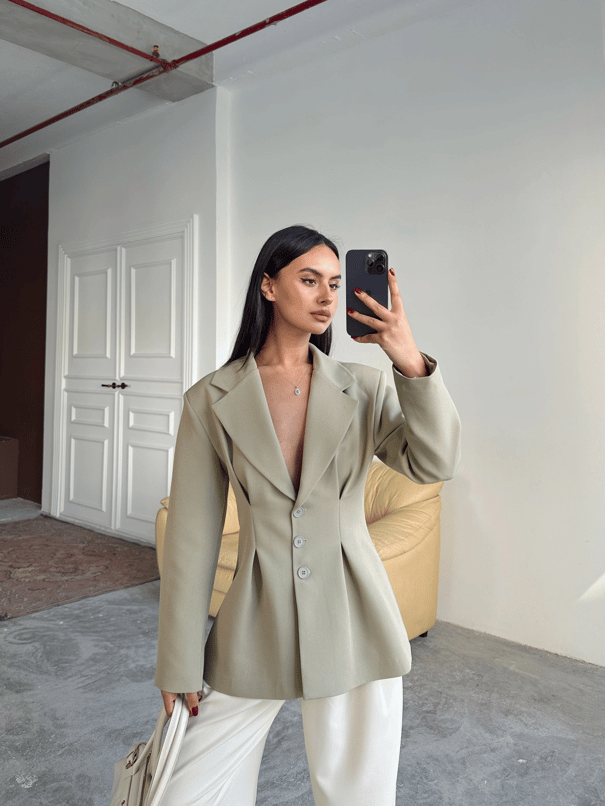 Pile Detay Oturtmalı Blazer Ceket  - Çağla Yeşili