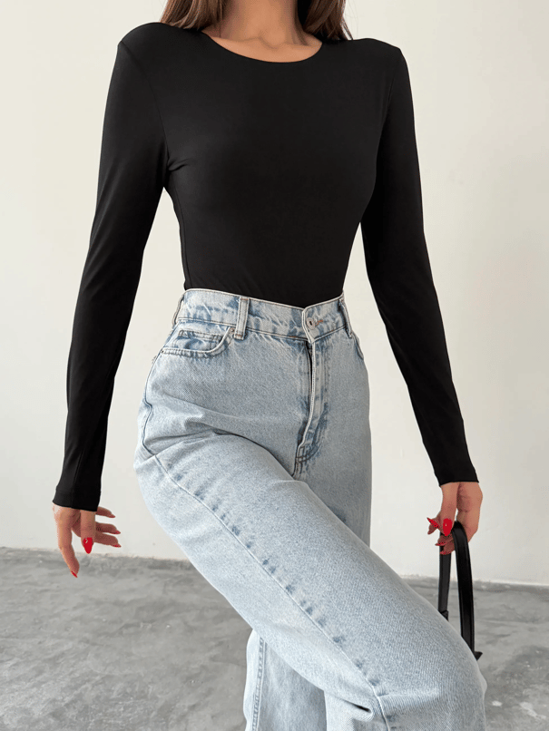 Bisiklet Yaka Bodysuit - Siyah