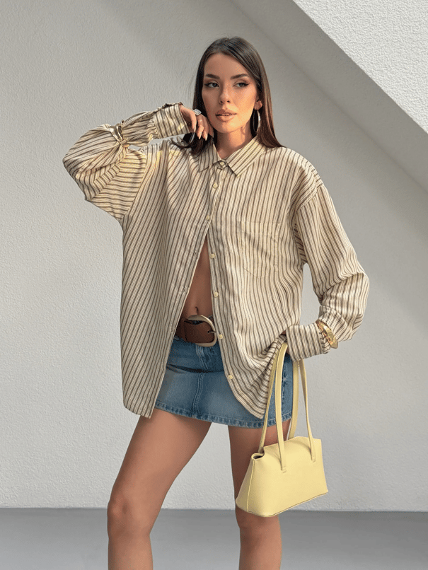 Çizgili Oversize Gömlek - Sarı