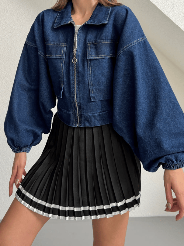 Kapak Cepli Balon Kol Denim Ceket - Lacivert