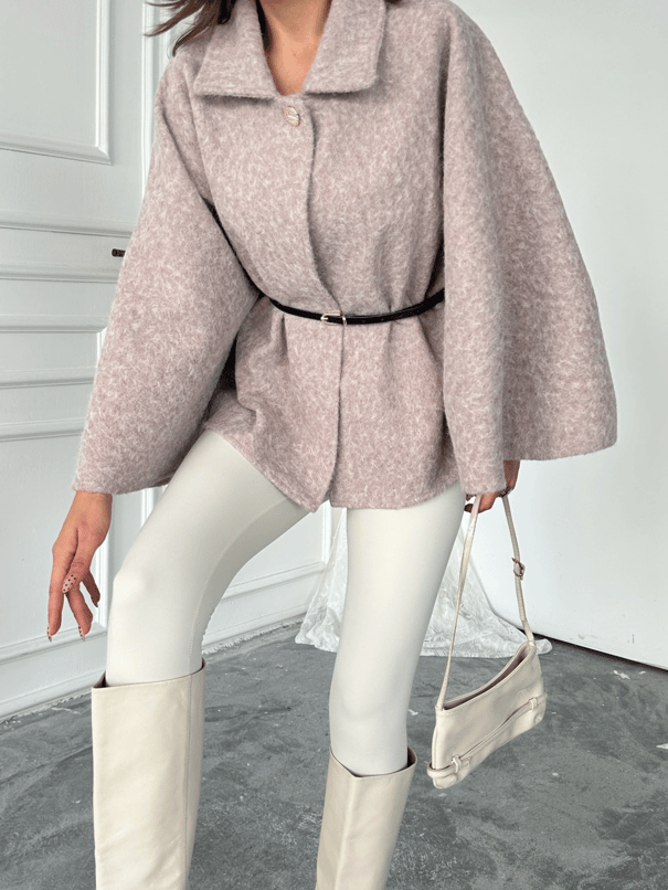 Kırçıllı Kaşe Panço  - Pudra Pembe